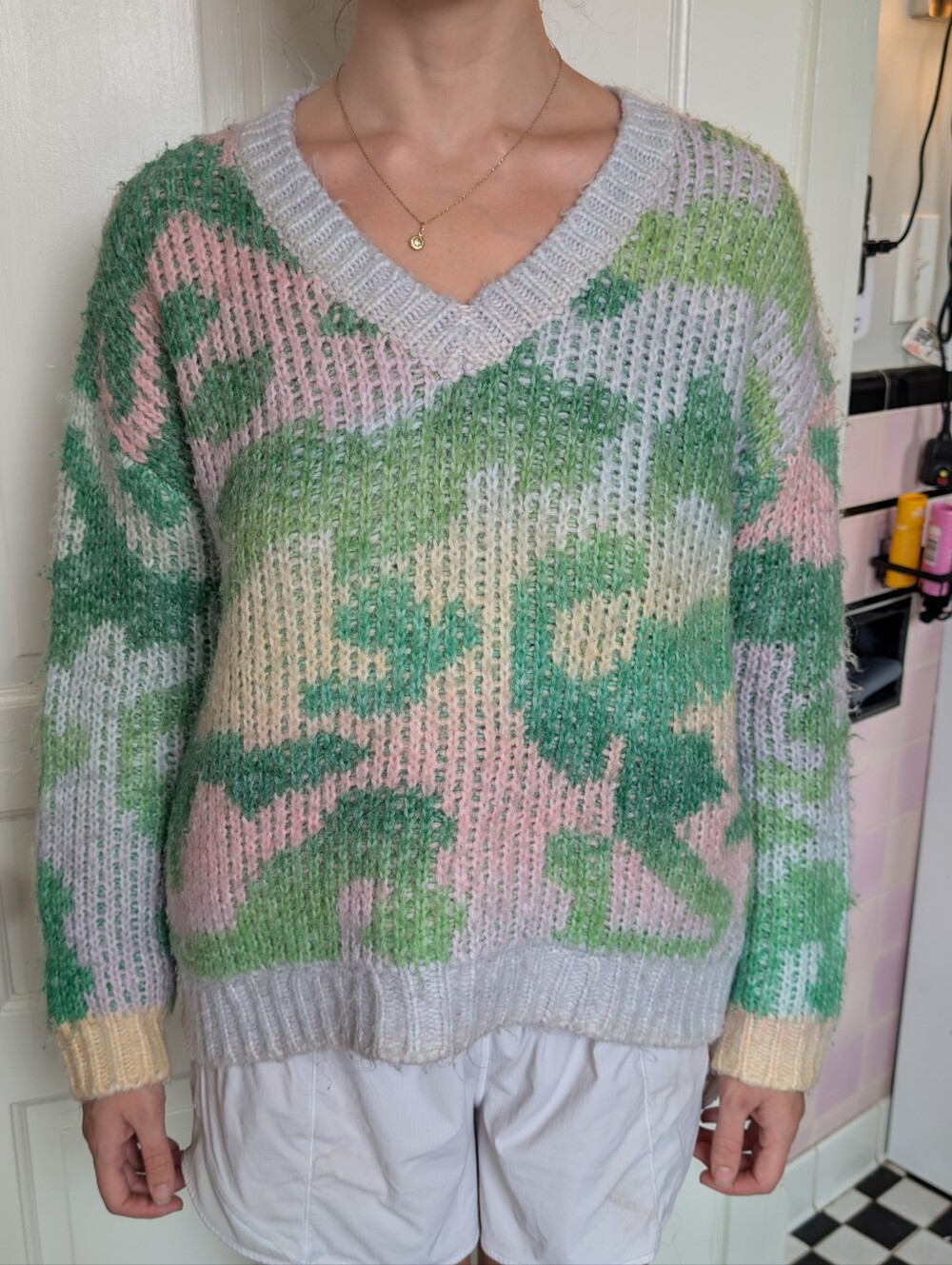 Shein Green & Pink Cow Print Fuzzy Oversized Sweater